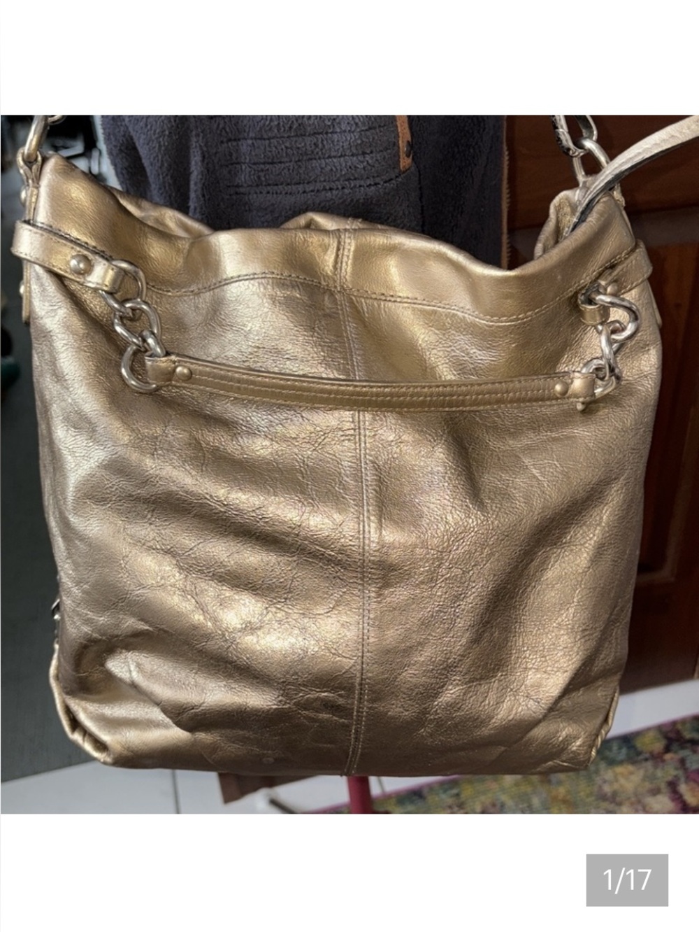 Coach  Brooke leather shoulder bag metallic gold/silver   13.5”h  Silvertone
Har